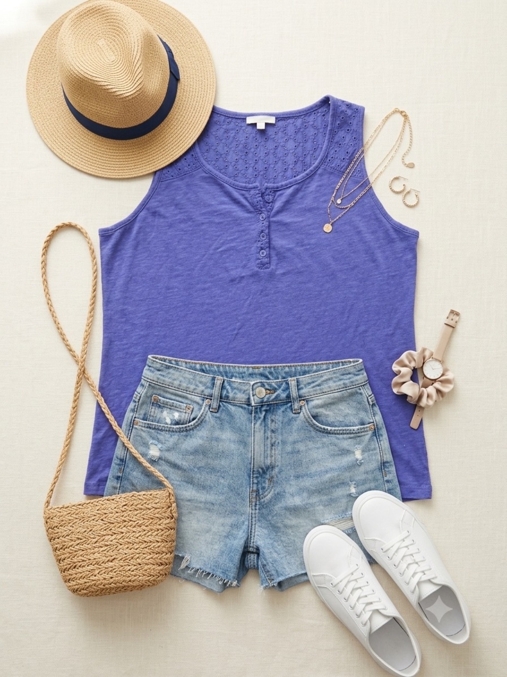 Basic Editions Purple Eyelet Henley Tank